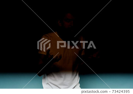 Bearded man emotions facial expression gestures hands close-up blue background 73424395