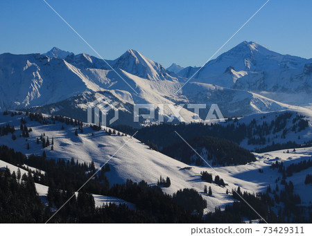 Wildstrubel and other high mountains in the Bernese Oberland seen from Horeflue. 73429311