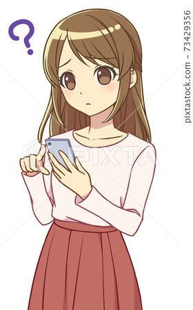 A woman in plain clothes operating a smartphone - Question 73429356