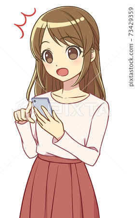 A woman in casual clothes operating a smartphone is surprised 73429359