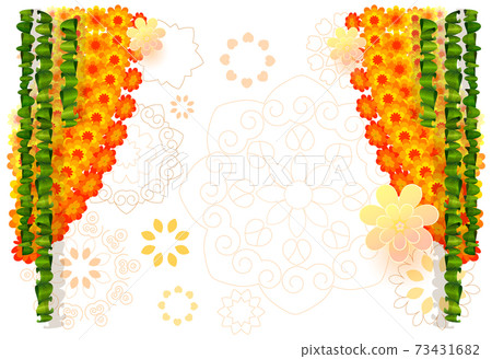 Indian flower garland mala with mango leaves. Festive holiday ornament for ugadi background template greeting card Indian flower garland mala with mango leaves. Festive holiday ornament for ugadi background template greeting card 73431682