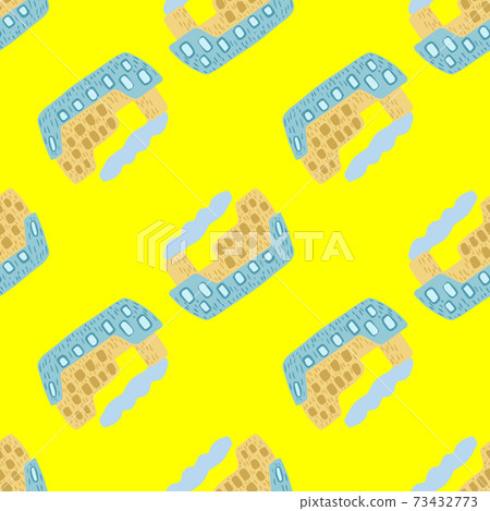 Bright cartoon seamless childish pattern with blue steamship silhouettes. Yellow background. Bright cartoon seamless childish pattern with blue steamship silhouettes. Yellow background. 73432773