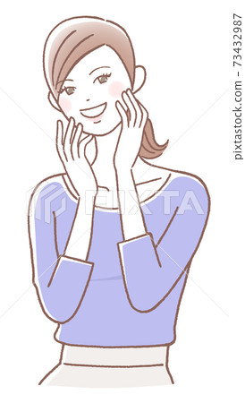 A woman who rejoices with her hands on her cheeks 73432987
