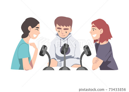 Group of People Recording Podcast in Studio, Podcasting Cartoon Style Vector Illustration Group of People Recording Podcast in Studio, Podcasting Cartoon Style Vector Illustration 73433856