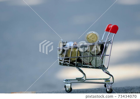 shopping cart online full of money on white background, Saving money Concept. Red shopping cart or trolley with coin. (Thai money). 73434070