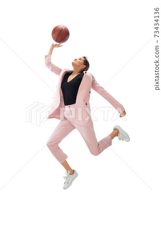 Happy young woman dancing in stylish clothes or suit, remaking legendary moves of celebrity from culture history Happy young woman dancing in stylish clothes or suit, remaking legendary moves of celebrity from culture history 73434136