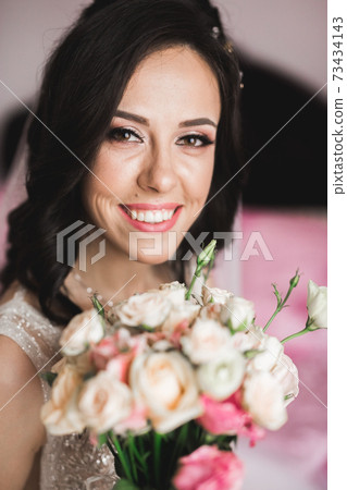 Beautiful luxury bride in elegant white dress Beautiful luxury bride in elegant white dress 73434143