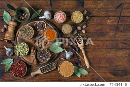 Spices and seasonings on wooden table Spices and seasonings on wooden table 73434146