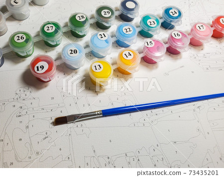set for drawing by numbers as a creative hobby. Painting by numbers and lots of bright acrylic paints on canvas. drawing by numbers 73435201