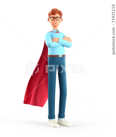 3D illustration of standing man in superhero cape with arms crossed. 73435219