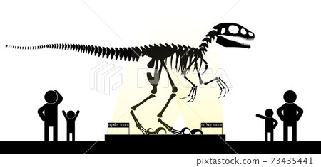 Scene from the museum, visitors with children look at the skeleton of a prehistoric dinosaur. Family visit to the exhibition. Isolated vector on white background Scene from the museum, visitors with children look at the skeleton of a prehistoric dinosaur. Family visit to the exhibition. Isolated vector on white background 73435441