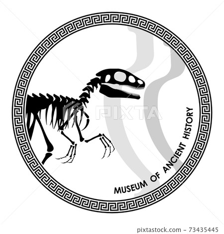 logo, signboard of the museum of ancient history with Greek ornament and dinosaur skeleton. Minimalist style, isolated vector on transparent background 73435445