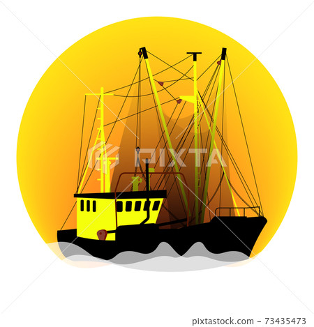 Fishing boat trawler in the open sea fishing. Illustration in yellow-orange colors, vector 73435473