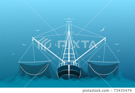 fishing boat, trawler in the open sea produces fish. Illustration in blue turquoise tones, vector fishing boat, trawler in the open sea produces fish. Illustration in blue turquoise tones, vector 73435474