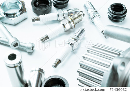 Engine gears. Auto motor mechanic spare or automotive piece on white background. Set of new metal car part. Technology of mechanical gear. 73436082