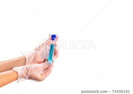 Syringe injection. Doctor hand in medical glove hold test tube or bottle for protection flu virus and coronavirus. Covid vaccine isolated on white. Botox injection syringe therapy 73436191