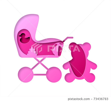 Vector baby carriage in paper art style. Digital art 73436783