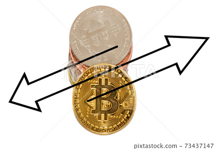 Bitcoin coins with souble arrow pointing up and down 73437147