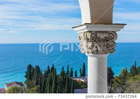 Sea view from the balcony of bandoned building of the Soviet sanatorium Georgia in Gagra, Abkhazia 73437264