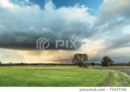 Rain cloud over green meadow Rain cloud over green meadow 73437392