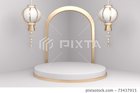 Podium minimal geometric white background and floor golden abstract.3D rendering Podium minimal geometric white background and floor golden abstract.3D rendering 73437915