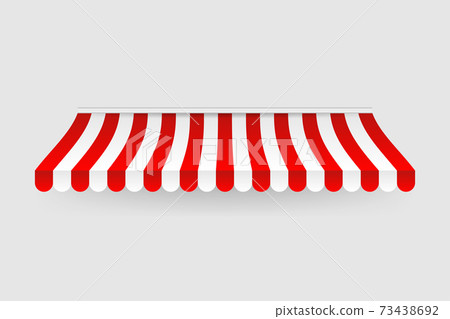 Red and white sunshade. Outdoor awnings for cafe and shop window isolated vector set. Tent sunshade for market, stripe summer scallop for store illustration 73438692
