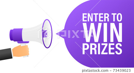Hand holding megaphone with Enter to win prizes. Hand holding megaphone with Enter to win prizes. 73439023