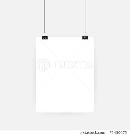 Set of multicolored binder clips on a piece of paper on a transparent background. Clerical clothespin 73439075