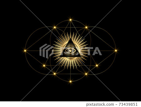 Sacred Masonic symbol Vesica piscis gold Sacred geometry. All Seeing eye, the third eye or The Eye of Providence inside triangle pyramid. Circles and line dots vector illustration isolated on black Sacred Masonic symbol Vesica piscis gold Sacred geometry. All Seeing eye, the third eye or The Eye of Providence inside triangle pyramid. Circles and line dots vector illustration isolated on black 73439851