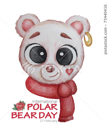 International Polar Bear Day - Greeting card. Portrait of a polar bear with a scarf and flowers. Watercolor. On white background 73440416