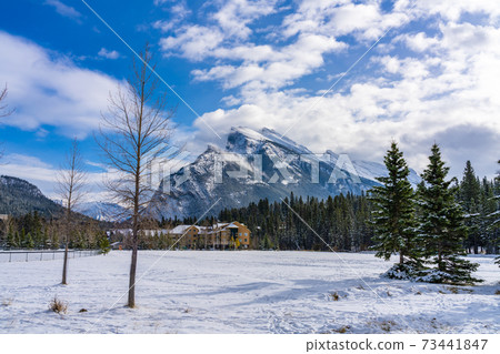 Banff Recreation Grounds in snowy winter. Banff National Park, Canadian Rockies, Alberta, Canada. 73441847