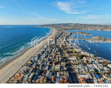 Aerial view of Mission Bay and Beaches in San Diego, California. USA.  73442102