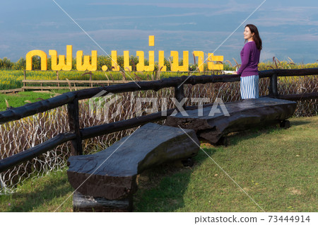 Beautiful woman at sunflower field. 73444914