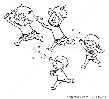 Illustration line art of a bean-maki child and a demon running away 73445751