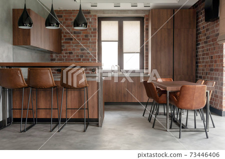 Simple light modern interior of loft dinning room Simple light modern interior of loft dinning room 73446406