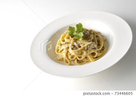 Photographed flat pasta with truffle cream with trefoil on a white background Photographed flat pasta with truffle cream with trefoil on a white background 73446605