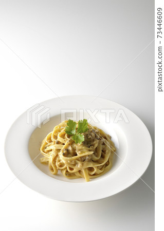 Photographed flat pasta with truffle cream with trefoil on a white background Photographed flat pasta with truffle cream with trefoil on a white background 73446609