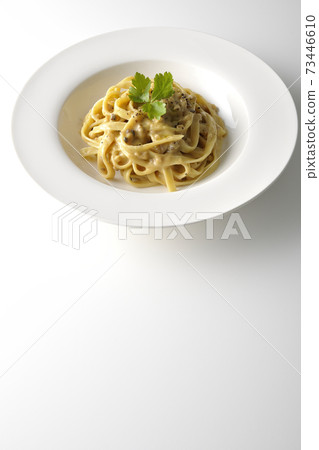 Photographed flat pasta with truffle cream with trefoil on a white background 73446610