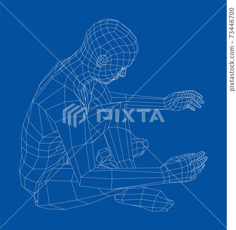 Wireframe man relaxing in lotus position. Vector 73446700