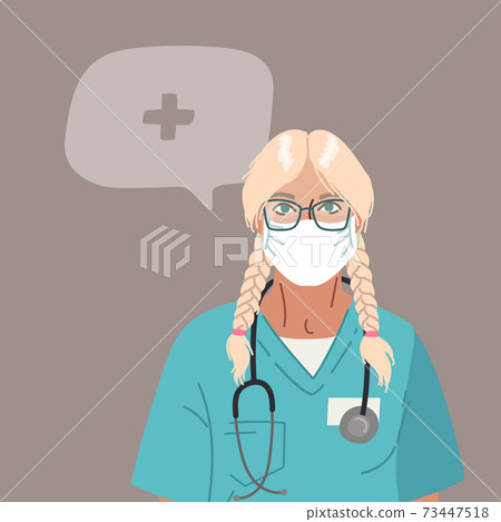 Doctor or Nurse wearing Medical Face Mask. Medical person profession modern vector flat illustration. Doctor and hospital staff cartoon character and speech bubble 73447518