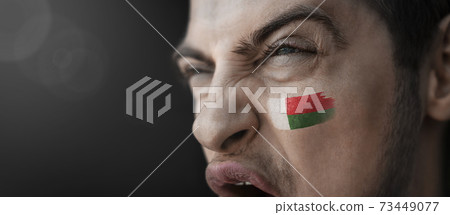 A screaming man with the image of the Madagascar national flag on his face A screaming man with the image of the Madagascar national flag on his face 73449077