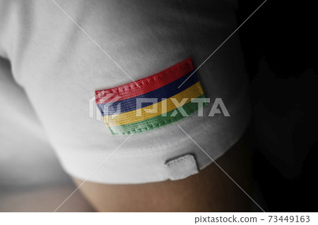 Patch of the national flag of the Mauritius on a white t-shirt Patch of the national flag of the Mauritius on a white t-shirt 73449163