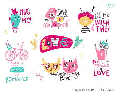 Doodle collection of Valentines Day lettering with characters, objects and decorations in cute naive simple style. Doodle collection of Valentines Day lettering with characters, objects and decorations in cute naive simple style. 73449529