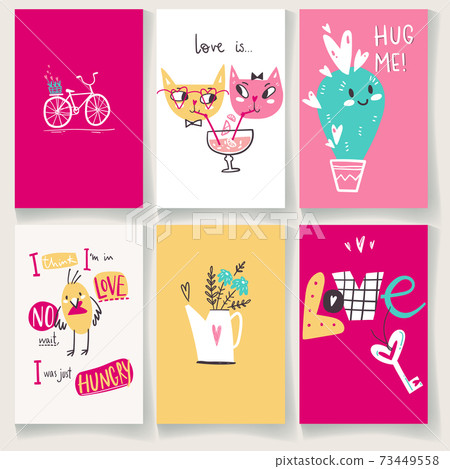 Doodle collection of Valentines Day greeting cards with cute charaters and hand lettering. Cacti, cats, bird and bike, Hug, love and bouquet in naive simple style. 73449558