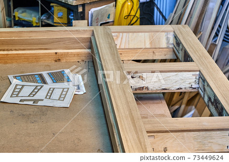 Joinery. Wood door manufacturing process. Door frame. Furniture manufacture 73449624