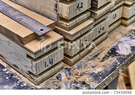 Joinery. Wood door manufacturing process. Door frame elements. Furniture manufacture 73450098