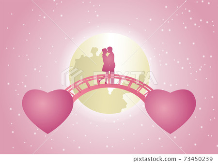 couple hug together and kiss on bridge that link between flying heart shape. concept art mean love link by heart 73450239