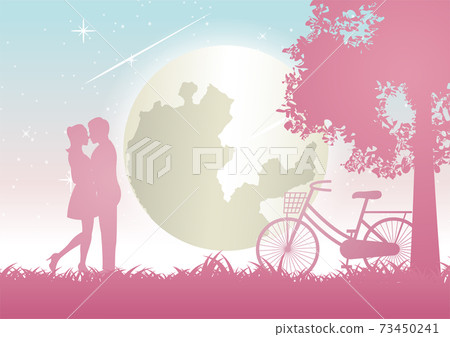 couple hug together and kiss near bicycle and big tree,concept art 73450241