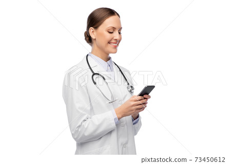happy smiling female doctor with smartphone happy smiling female doctor with smartphone 73450612