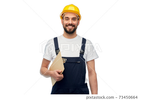 happy worker or builder in helmet with clipboard 73450664